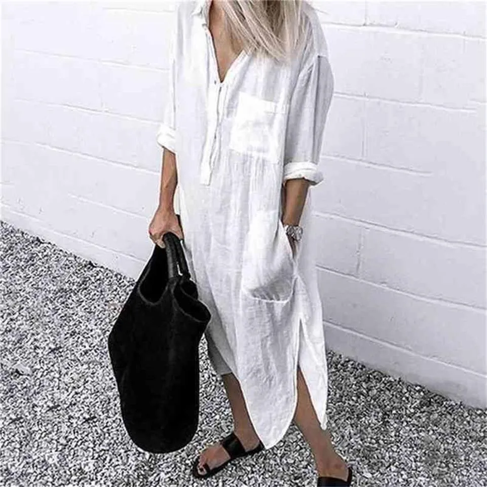 Vestido de verão para mulheres linho maxi camisa vestidos senhoras elegante casual vestidos feminino túnica plus size 5xl vestido longo branco 210715241z