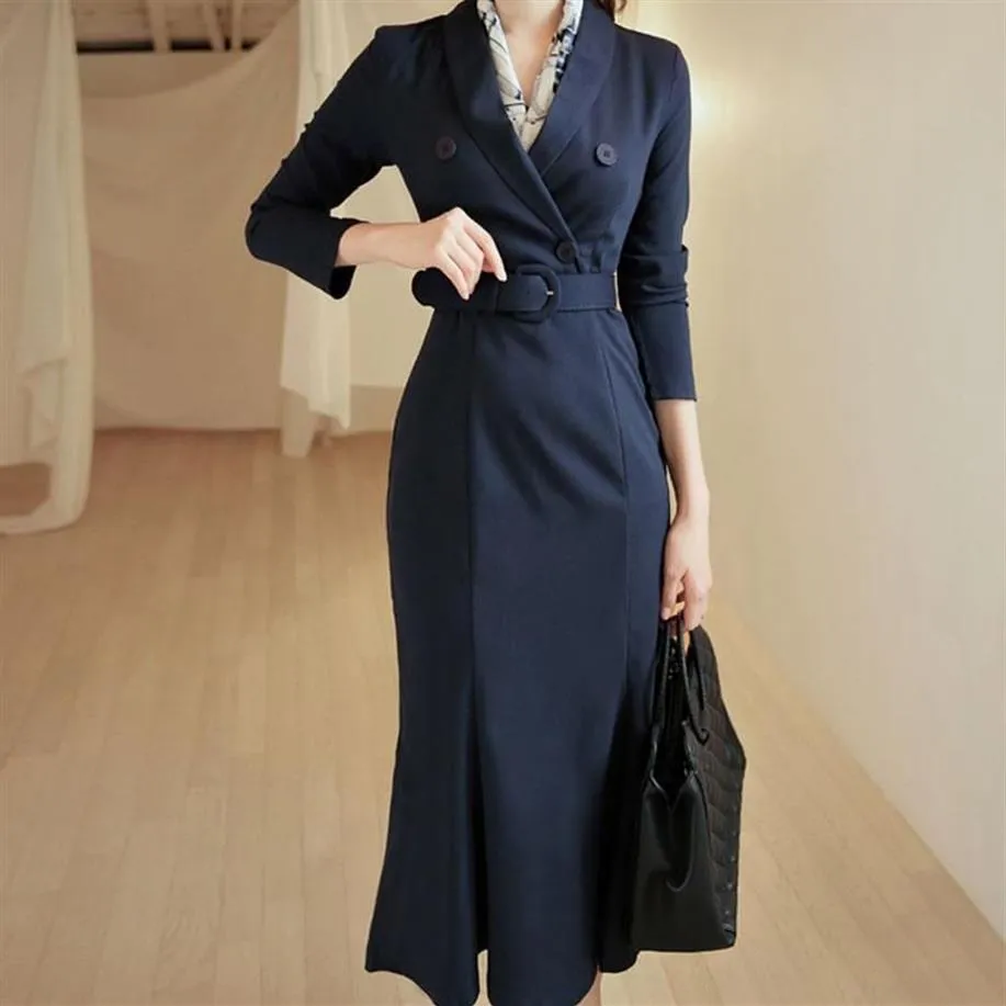 Casual Dresses Office Ladies V-hals Double Breasted Blazer Trumpet Dress Belted Women Business Slim Merraid2781