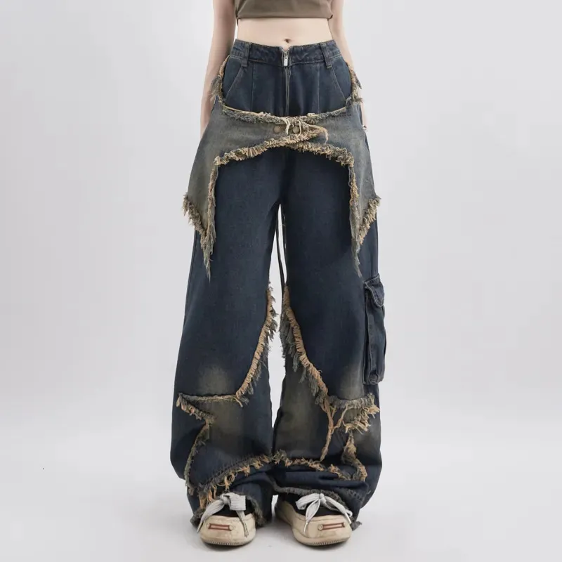 Jeans pour femmes Femmes Bleu Couleurs contrastées Taille haute American Street Pantalon à jambes larges Mode Hip Hop Vintage Pantalon droit d'automne 231025