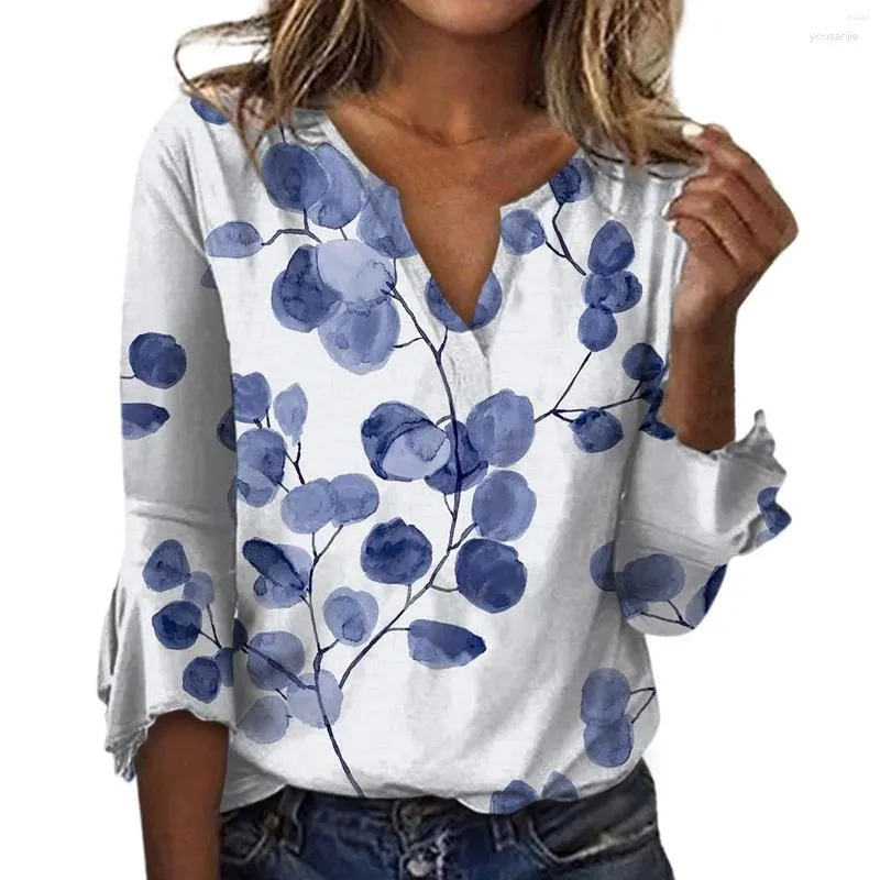 Women's Blouses Women's Women Shirts V Neck Casual 7 Point Sleeve Top Shirt Large Abstract Floral Painting Blouse Streetwear Basic