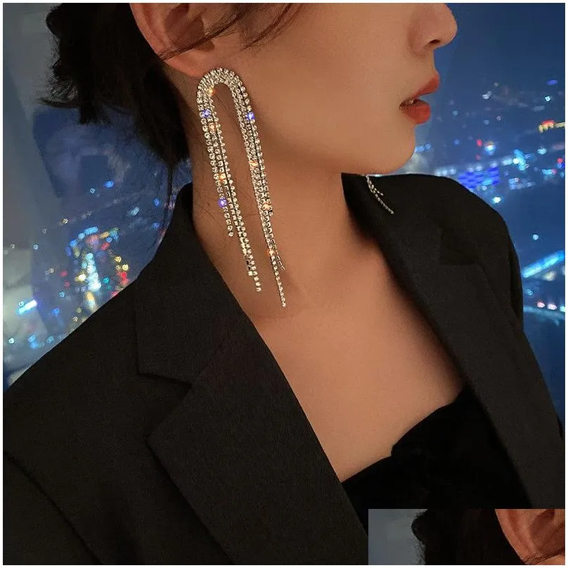 Lampadario pendente moda nappa lunga orecchini di goccia di cristallo per le donne geometriche Fl strass orecchino dichiarazione gioielli regali consegna Otkso