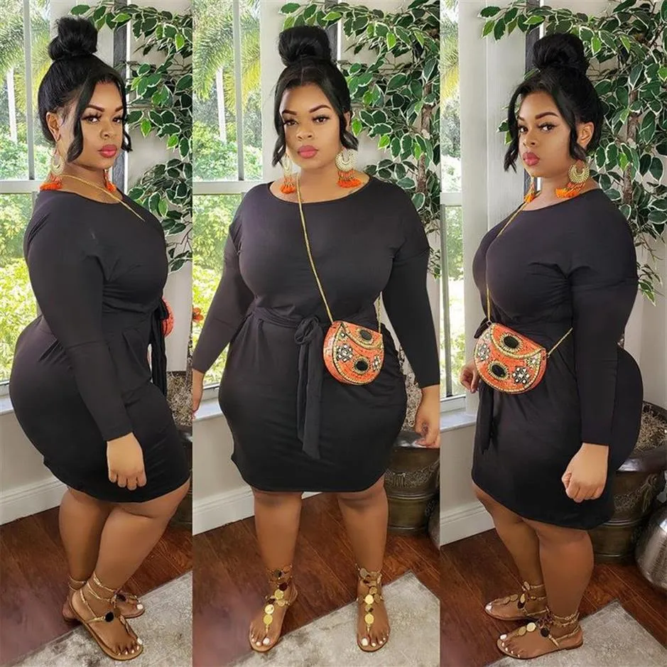 Plus Size Women Dresses 3XL 4XL 5XL Solid Long Sleeve Bandage One Piece Dresses Casual Daily Dress Above Knees223I