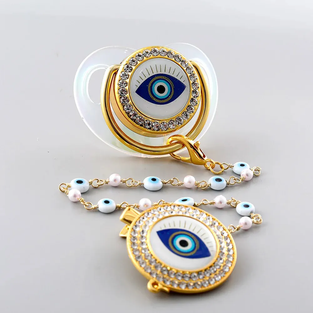 Succhietti Massaggiagengive Ciucci trasparenti Evil Eye con clip a catena nato Ciuccio in silicone Oro Bling Capezzolo infantile BPA Free Baby Chupetero 231025