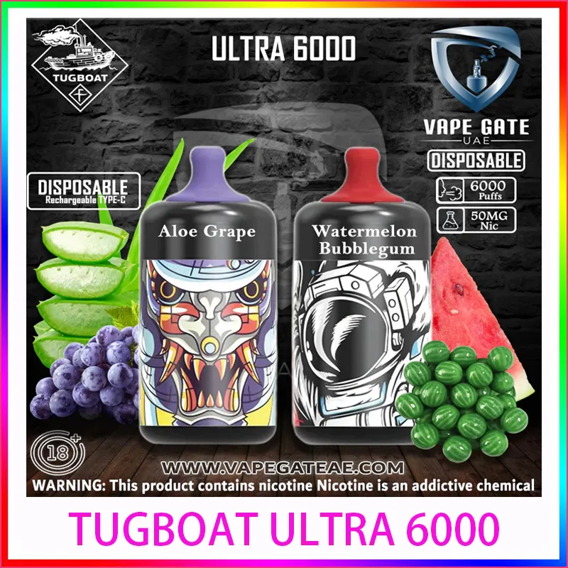 Authentisches Tugboat Ultra 6000 Puffs Einweg-Vape-Stift E-Zigarettengerät Wiederaufladbarer 6000-mAh-Akku 15 ml 14 Farben Vorgefüllte Pod-Crazvapes