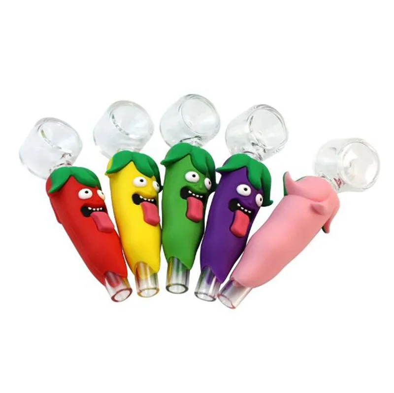 Latest Colorful Silicone Chilli Style Skin Protect Pyrex Thick Glass Pipes Dry Herb Tobacco Filter Bowl Portable Easy Clean Handpipes Cigarette Smoking Holder DHL