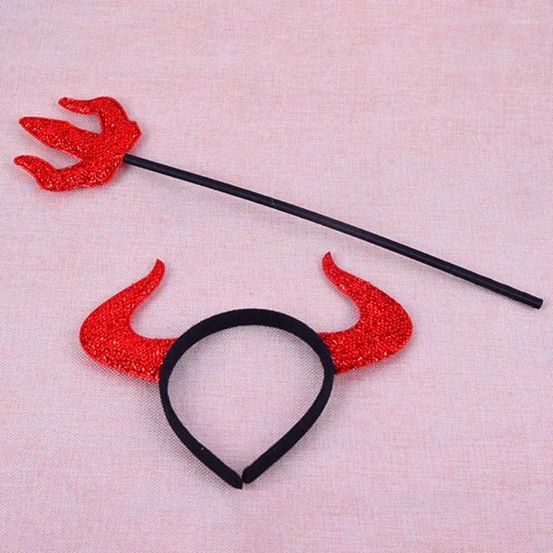 Party Supplies Halloween Creative Red Ox Horn Headband Fork Set Boys Girl Cosplay Devil Headwear Headdress Costume Props Accessories