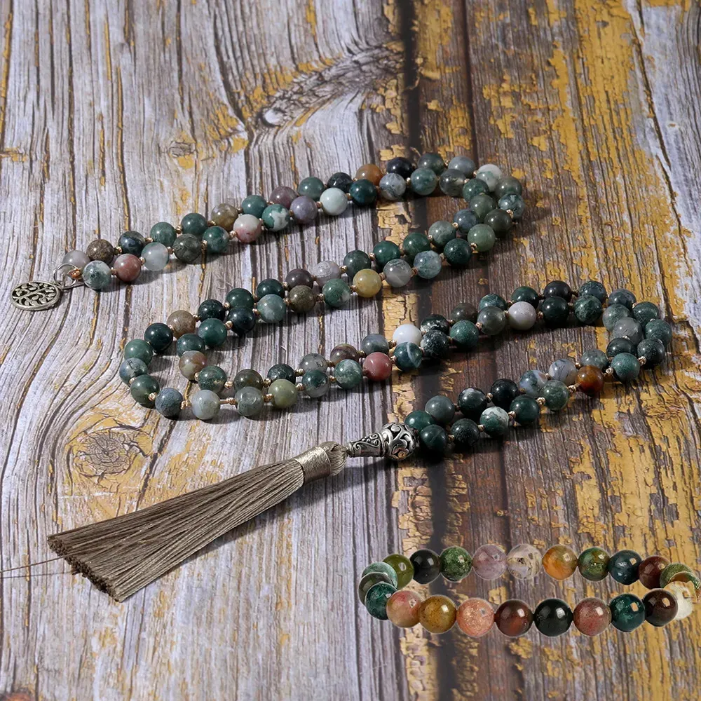 Chokers 8mm Indian Agate Knot Necklace Armband 108 Mala pärlor Set Meditation Bön Yoga Japamala smycken för män och kvinnor 231025