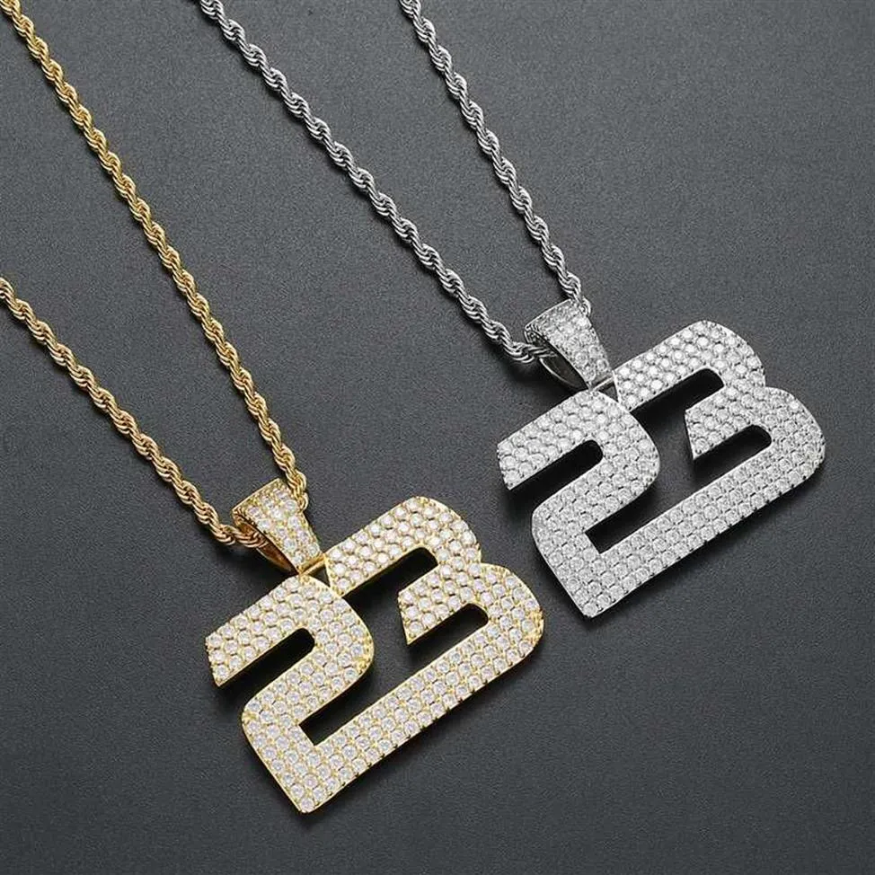 Hip Hop Mikro utwardzony sześcien Cubic Criconia Bling Out Numer 23 Naszyjnik dla mężczyzn raper biżuteria złota srebrna kolor 278k