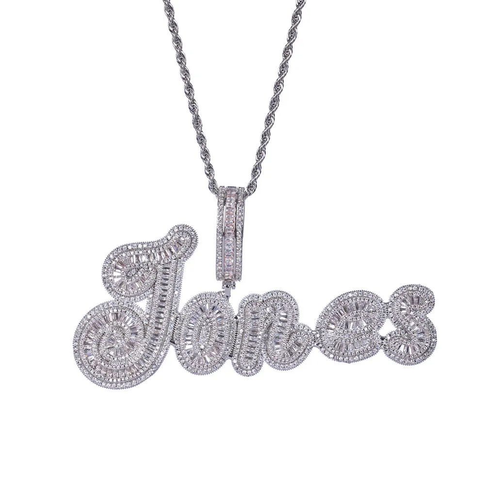 Personalized Baguette CZ Cursive Letter Name Diamond Name Pendant With