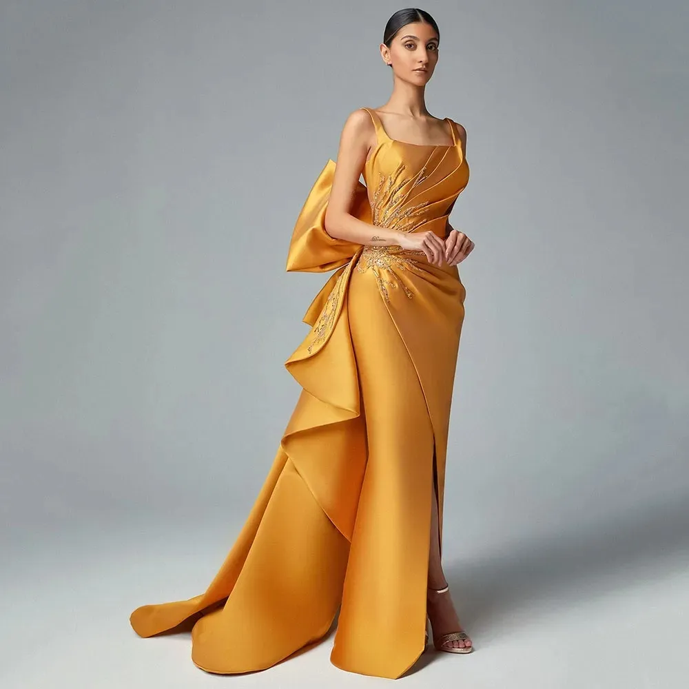 Jaune Design Meilleure Vente Sirène Balayage Spaghetti Train En Mousseline De Soie Cap Robes De Bal Robes De Soirée Formelles Manches Robes De Bal Plis Perlés