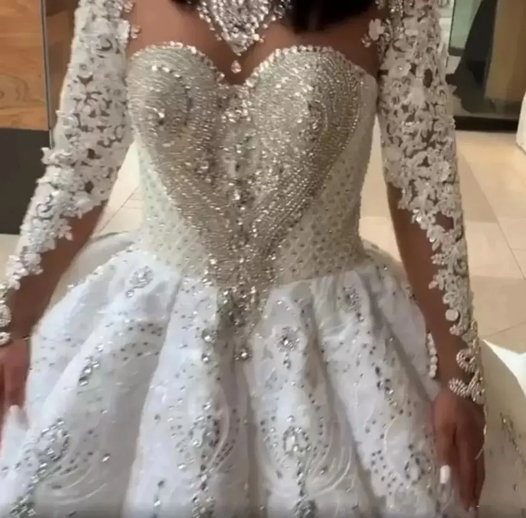 Роскошное арабское свадебное платье Дубая 2024 с иллюзией шеи и кружевными хрустальными бусинами с длинными рукавами Свадебные платья Vestidos De Noiva на заказ