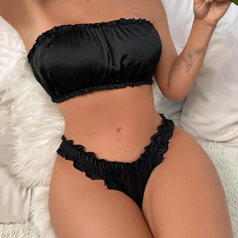 Le soutien-gorge décolle les dessus de tube et les shorts en deux pièces en satin lingerie set sous-vêtements pyjama noir buts costumes érotiques porno intimates sensuelles