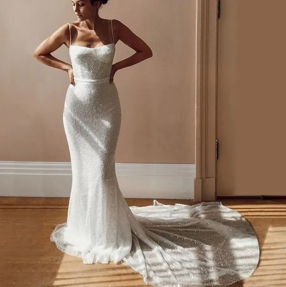 Glitter Mermaid Spaghetti Straps Sequins Wedding Dress 2024 Open Back Beading Sweetheart Bride Gown Shiny Court Train Open Back Vestido De Noiva