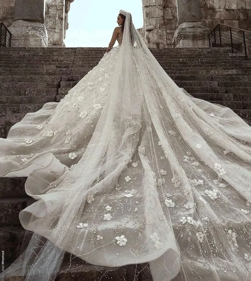 Arabo di lusso in rilievo pizzo abito da sposa abiti da sposa 2024 manica lunga 3D floreale di cristallo abiti da sposa Robe De Mariee Mariage