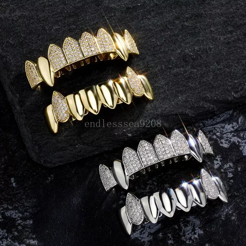 Novo hip hop micro cz dentes grillz prata ouro hiphop dentes grillz superior inferior grills bling jóias presentes