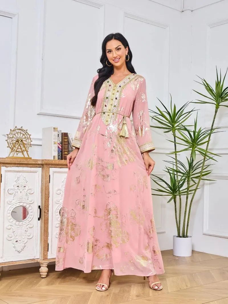 Ethnische Kleidung Dubai Abaya für Frauen Bronzing Pink Print Kleid Diamanten Bandbesatz V-Ausschnitt Kaftan Marokkanische Robe Ramadan Damen Türkische Dresse