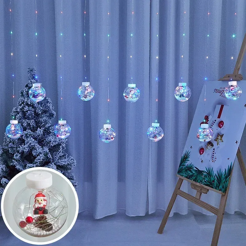 Decorações de natal boneco de neve árvore janela decoração corda cortina luz led bola colorida 231025