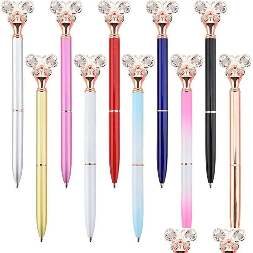 Ballpoint Pens Wholesale Diamond Butterfly Heart Ballpoint Pen Type 1.0 Fashion Pens Office Stationery Creative Advertising Drop Deliv Dhu06