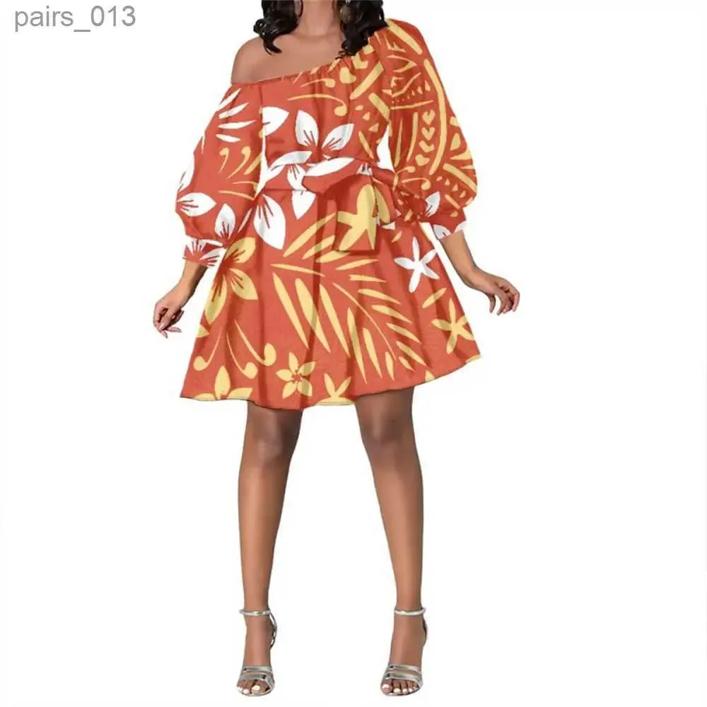 Basic Casual Dresses Polynesian Samoan Tribal Clothing Hawaiian Tapa Print Custom Women Oblique Shoulder Long Sleeve Mini Bandage Chiffon YQ231025