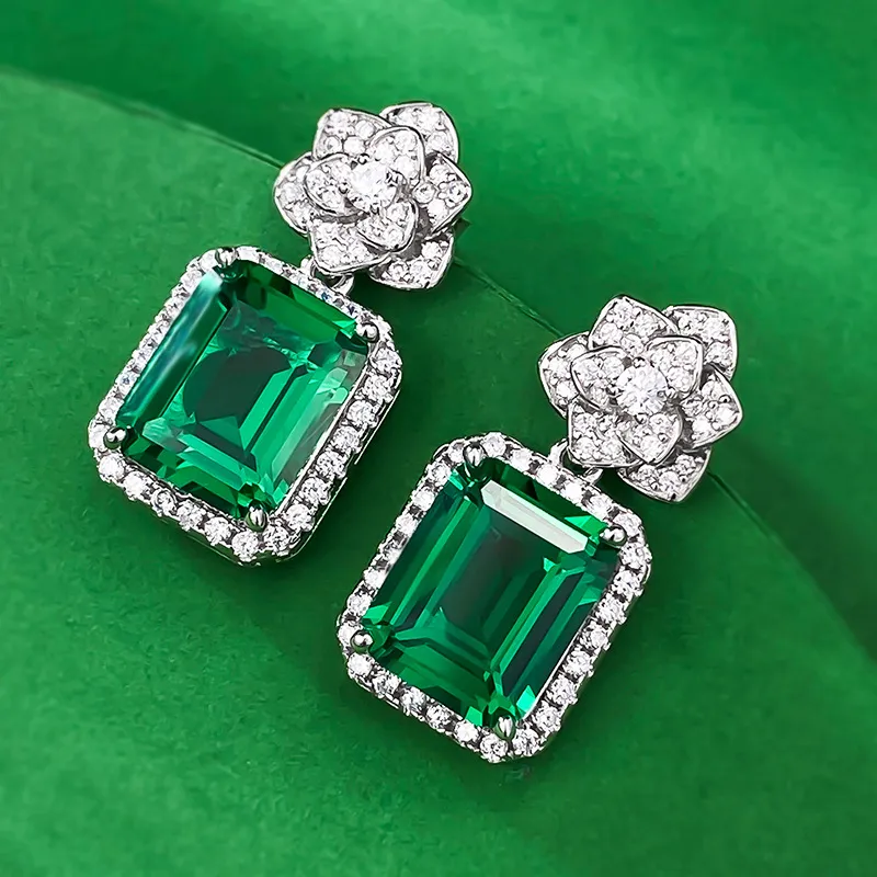 Bloem Emerald Diamond Dangle Earring 100% Echt 925 Sterling Zilveren Bruiloft Oorbellen voor Vrouwen Bruidsbelofte Sieraden Cadeau
