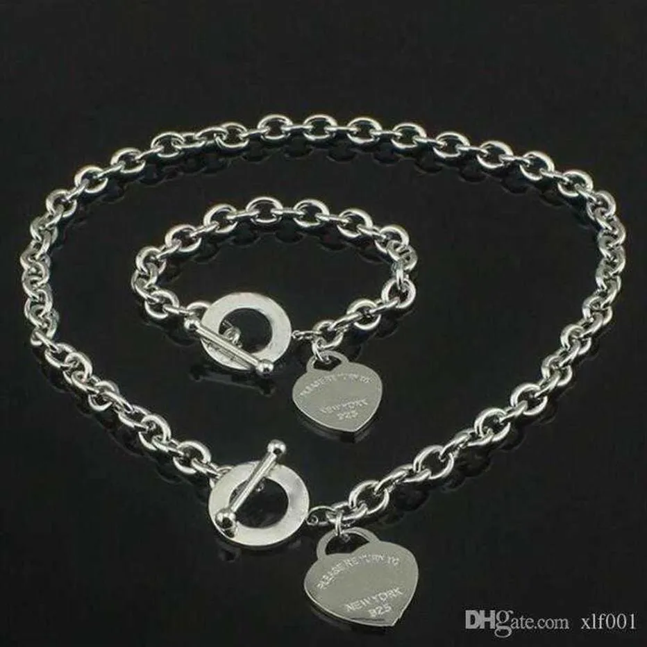 sell Birthday Christmas Gift 925 Silver Love Necklace Bracelet Set Wedding Statement Jewelry Heart Pendant Necklaces Bangle Se199o