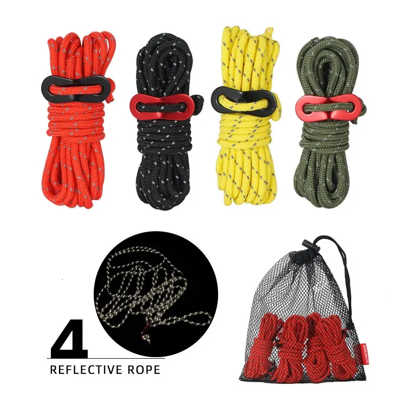 Outdoor Gadgets 4pcs 35m 4mm Reflective Tent Rope Guylines Nylon Line Hang Lanyard Guy Cord Camping Paracord Accessories 231024