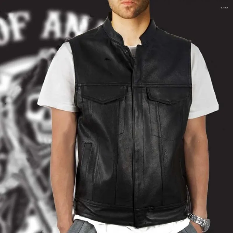 Men's Vests Oversized Faux Leather Waistcoat Sleeveless Stand Collar Button Pocket Various Club Biker Cut Off Vest