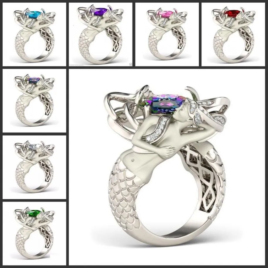 Tamanho 5-10 arco-íris místico topázio colorido cz diamante 925 prata esterlina charmoso anel de banda de sereia presente especial design exclusivo fashi271x
