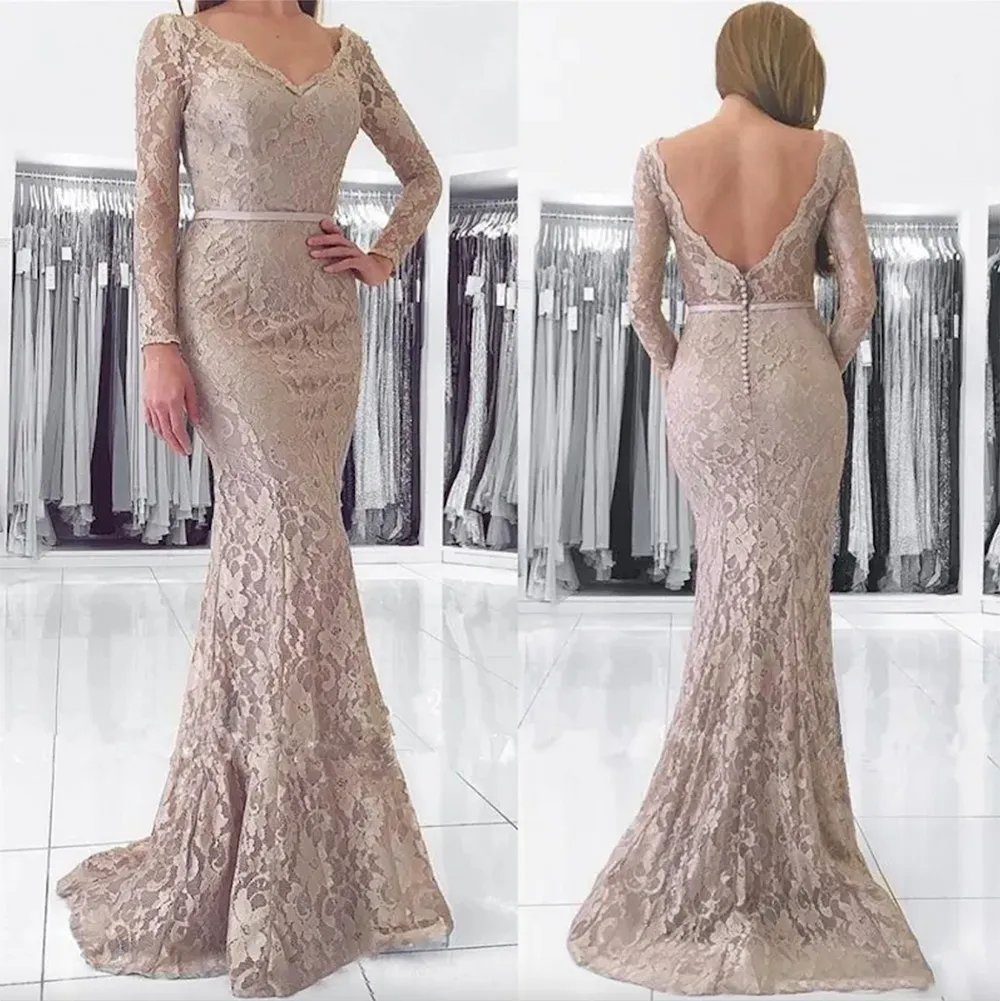 Vintage Grey Mother Of The Bride Dresses Mermaid Full Lace Plus Size Dress With Sleeves Sexy Backless Wedding Guest Formal Gowns