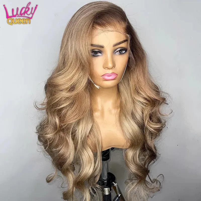 Парики шнурка Ombre Blonde 13X4 Прозрачный парик из натуральных волос на кружеве спереди Коричневый корень Бесклеевая объемная волна Пепельный блондин 5X5 Парик с закрытием Предварительно выщипанный 231024