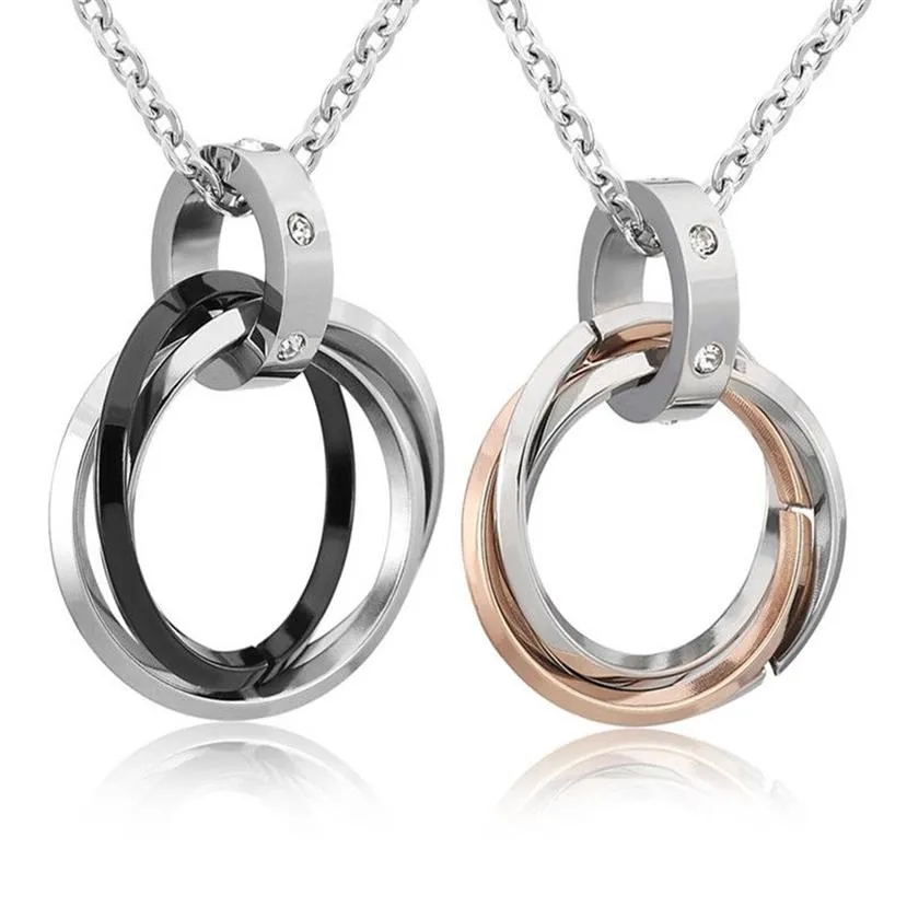 Diamant tre-ringande hängsmycken halsband Överflödiga smycken Kvinnor Hip Hop Romantic Titanium Steel Roman Parhängen Halsband205U