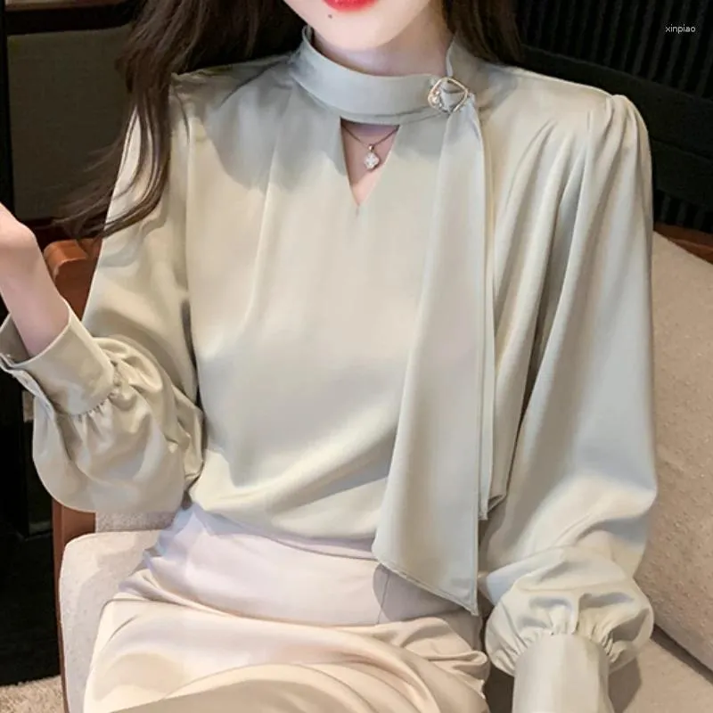 Blouses pour femmes Mode Élégante Mousseline de soie pour femmes Vêtements Blanc O-Cou Chemises à manches longues Solide à lacets Bureau Dames Tops Drop