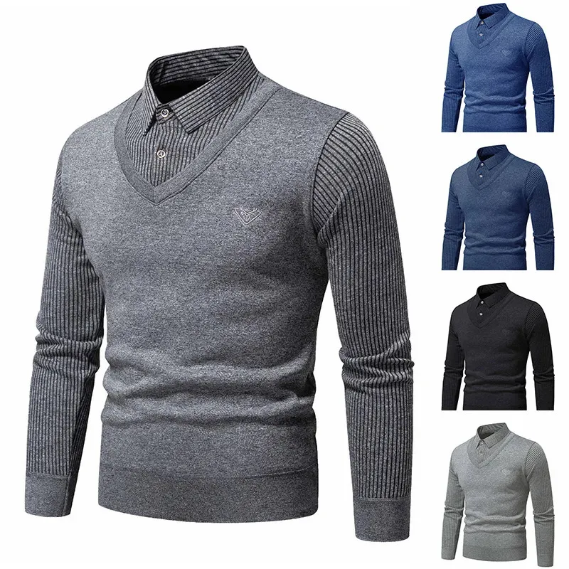 Pulls pour hommes automne et hiver faux pull deux pièces avec polaire coupe ajustée col polo tricoté bas chemise épaissie chaude 231025
