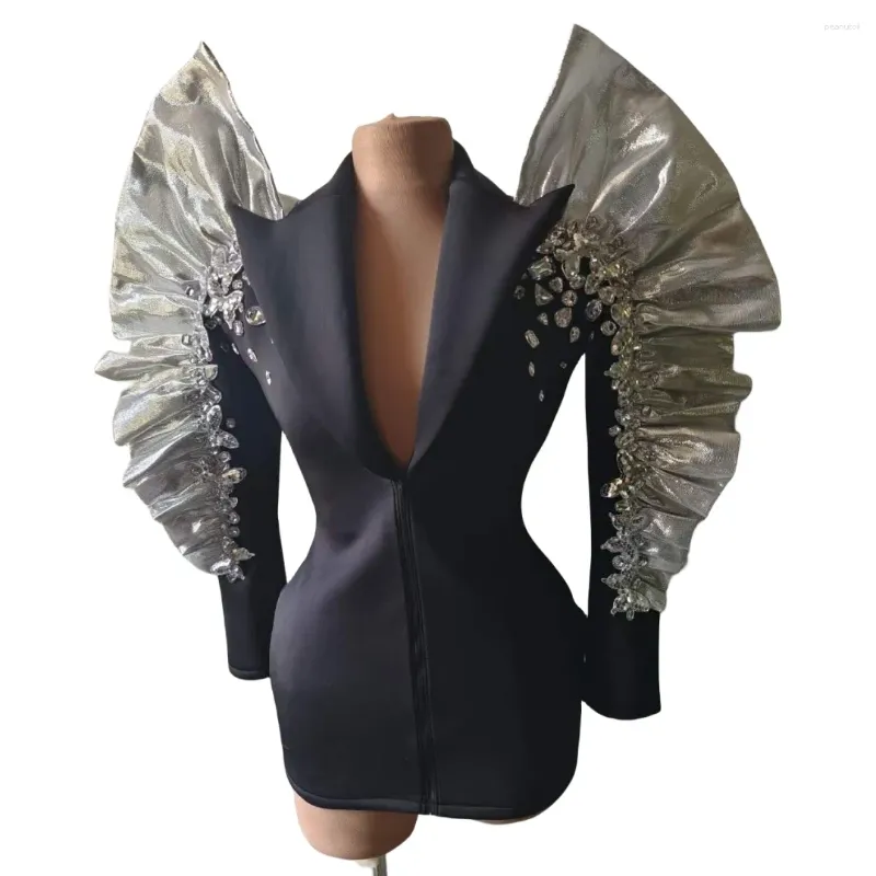 Stage Wear Blazer nero Design scintillante strass Abito da performance da donna DJ Night Club Bar Costume da drag queen