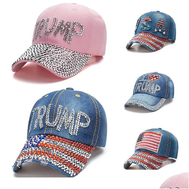 Partyhüte Trump 2024 Baseballkappe Partyhut Wahlkampf Cowboy Caps Einstellbare Snapback Frauen Denim Diamond Hats Home Garden Fe Dhavw