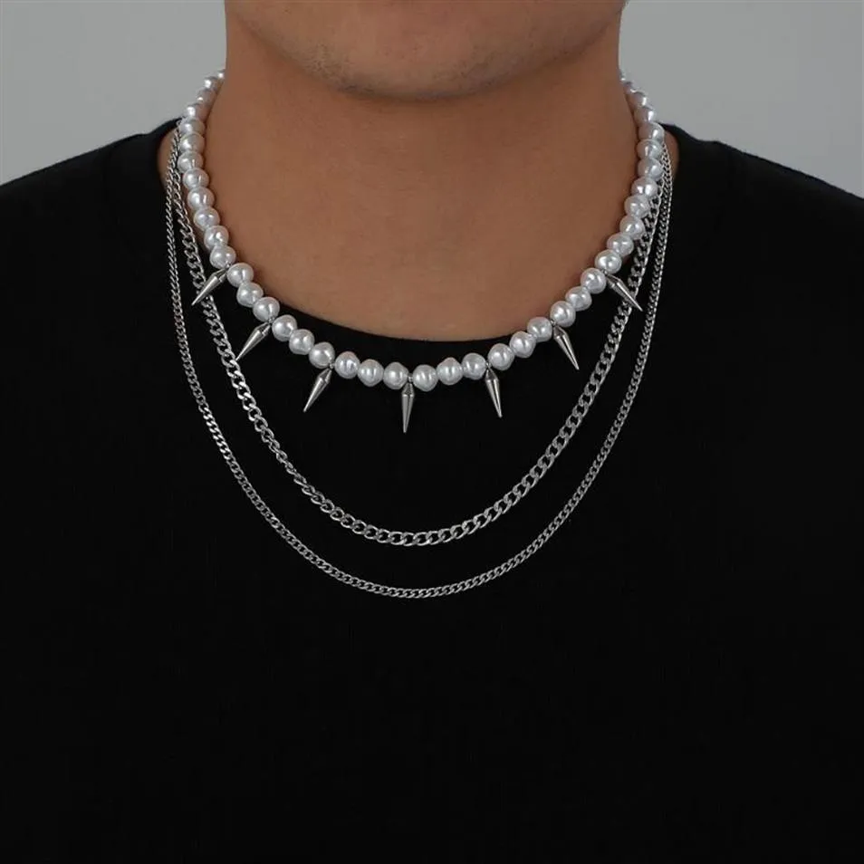 Chokers Three Layer Punk Rivet Pearl Beaded Choker Necklace Jewelry Men's197l