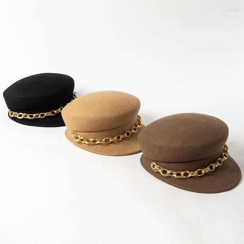 Berets 202309-HH2058C Inverno Gota Japão Estilo Lã Feltro Anel de Ouro Corrente Moda Senhora Octogonal Chapéu Mulheres Viseiras Cap