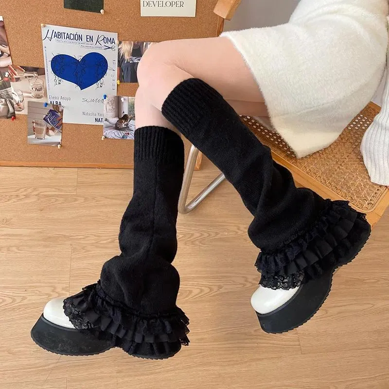 Vrouwen Sokken Punk Donker Zwart Kant Over Knie Winter Warm Knit Y2K Covers Harajuku Boot Manchetten Japanse JK Lolita