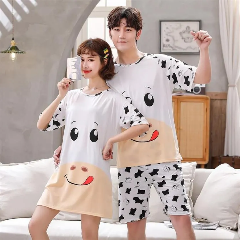 Indumenti da notte da donna 2021 Coppia estiva Camicie da notte a maniche corte per le donne Cute Cartoon Cow Night Dress Camicia da notte Uomo Homewear H355Z