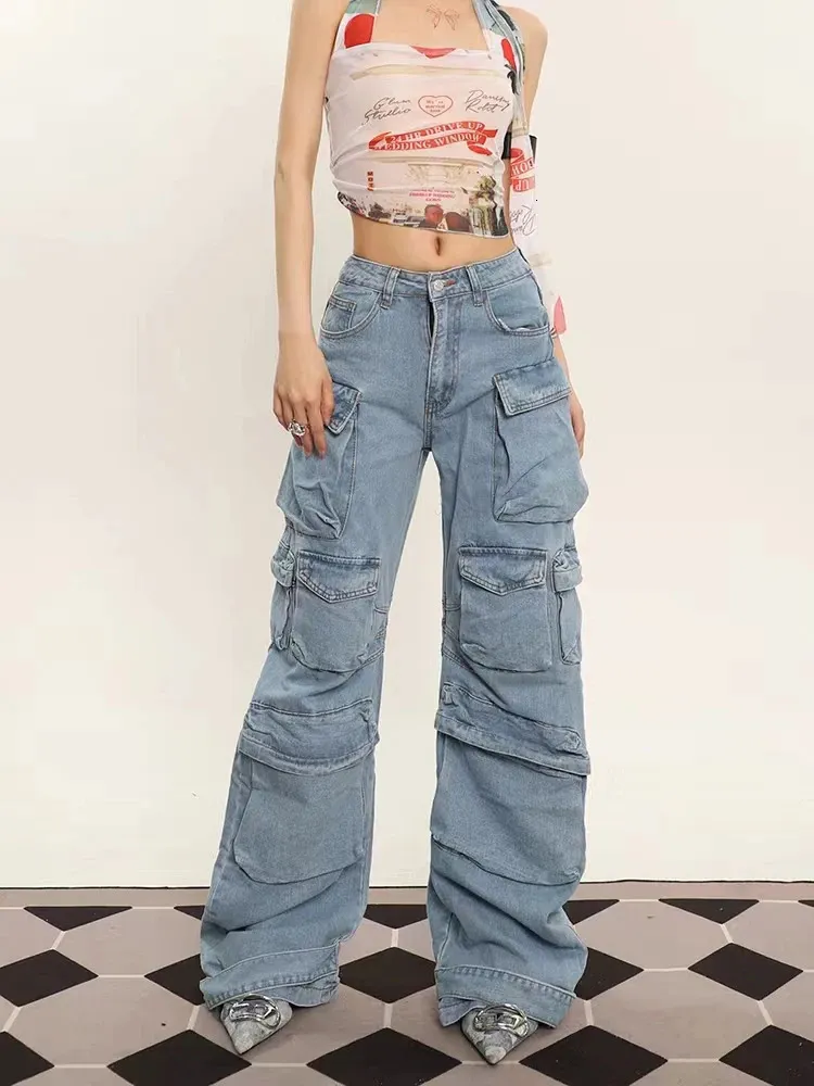 Kadınlar Kot Grunge Punk High Street Stil Büyük Boy Kargo Kadınlar Bahar Sonbahar Y2K Kore Moda Cepleri Gevşek Denim Erkek Arkadaş Pantolon 231025