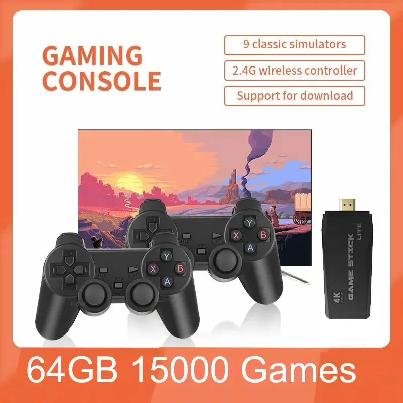 Игровые контроллеры Джойстики Ретро игровая консоль Plug N Play Video TV Game Stick 64G 15000 игр 9 эмуляторов Поддержка выхода 4K HD Беспроводной геймпад 231024