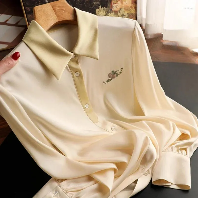 Kvinnors blusar satin tryckta skjortor Silk Vintage Loose Spring/Summer Polo Neck Ladies Clothing Long SemeVes Fashion Tops