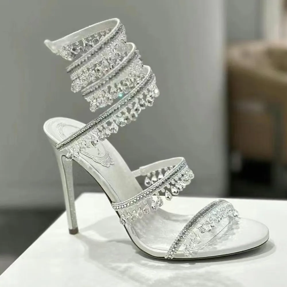 Rene Kristallen lamp Snake Strass naaldhak sandalen Avondschoenen dames hoge hakken 100 mm Luxe ontwerpers Enkelwikkelschoen Dames dinerjurk schoenen 35-43