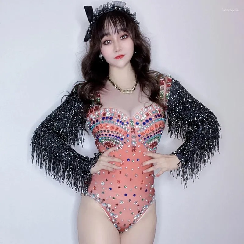 Scen Wear Colorful Rhinestones Tassels Sleeves Bodysuit Women Pole Dance Clothes Nightclub DJ Gogo Dancer Costumes Rave Outfit XS5535