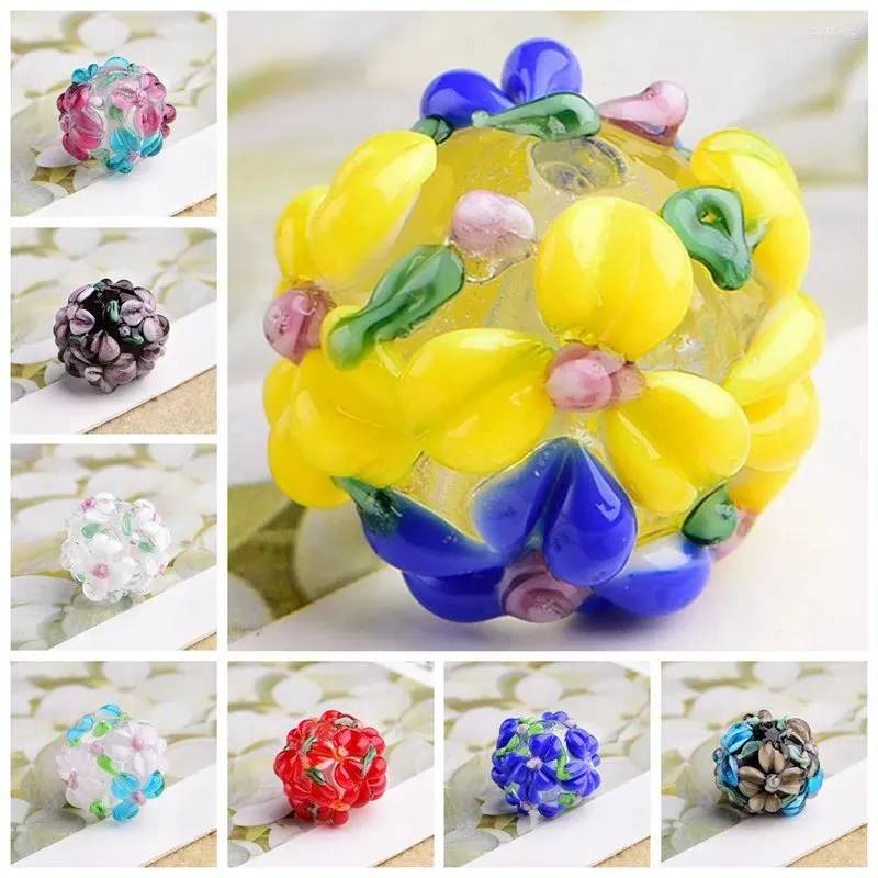 Beads Round 16mm Charms Flower Petals Handmade Lampwork Glass Loose For Jewelry Making DIY Crafts Findings