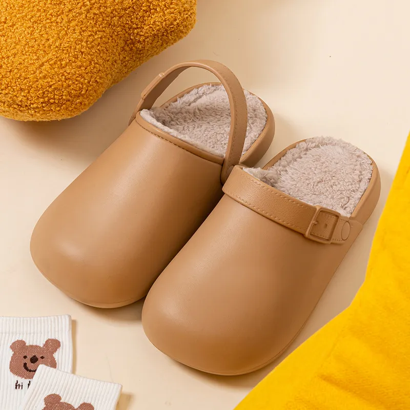 Waterproof cotton slippers womens Beige white black khaki simple baotou indoor home household non-slip warm cotton drag men's winter cotton cover slippers