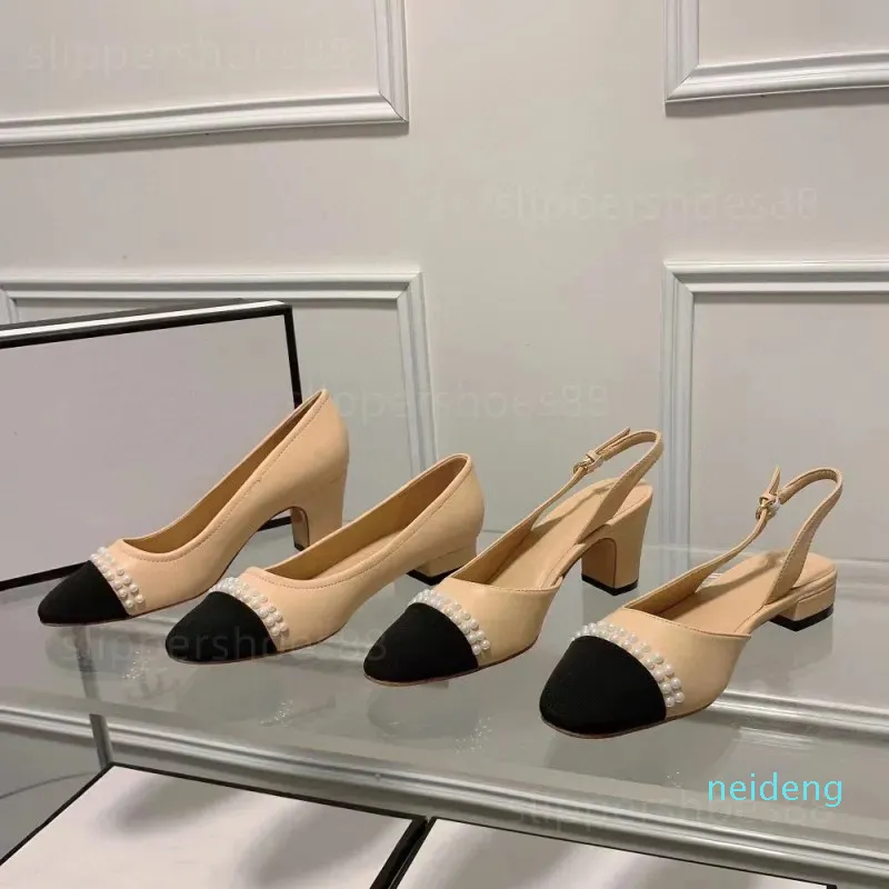 pompalar topuk kap ayak parmak elbise ayakkabıları sandaletler ünlü tasarımcı kadın blok tıknaz topuk inci somunlar Slingbacks rahat bale daireler bej siyah ayakkabı