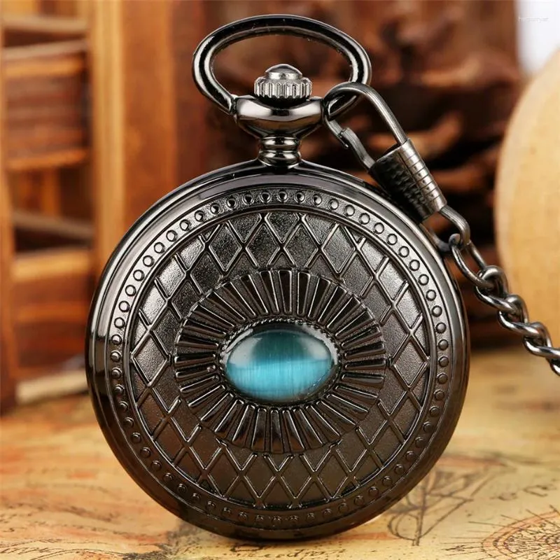 Pocket Watches Antique Black Full Mechanical Hand-Wind Watch Unique Blue Eye Display Pendant Manual Clock Roman Siffer Dial Dial D2222.2