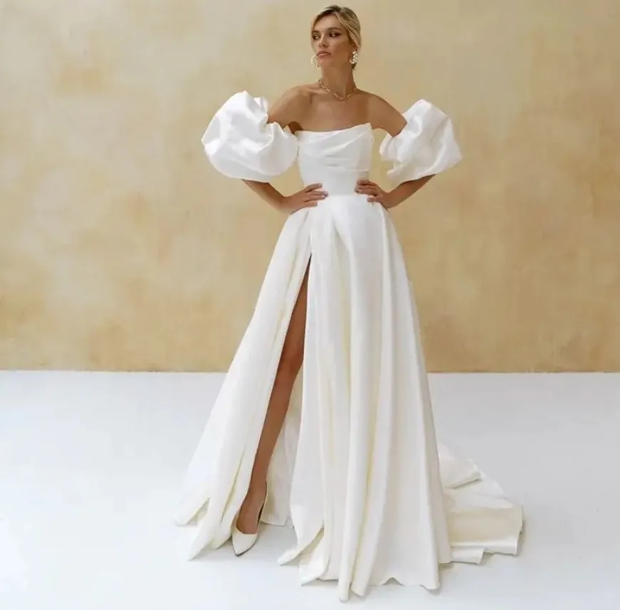 Elegant Satin Wedding Dress Short Puff Sleeves 2024 Simple Plain White Bridal Gown A-Line Side Slit Sweep Train Vestido de Novia