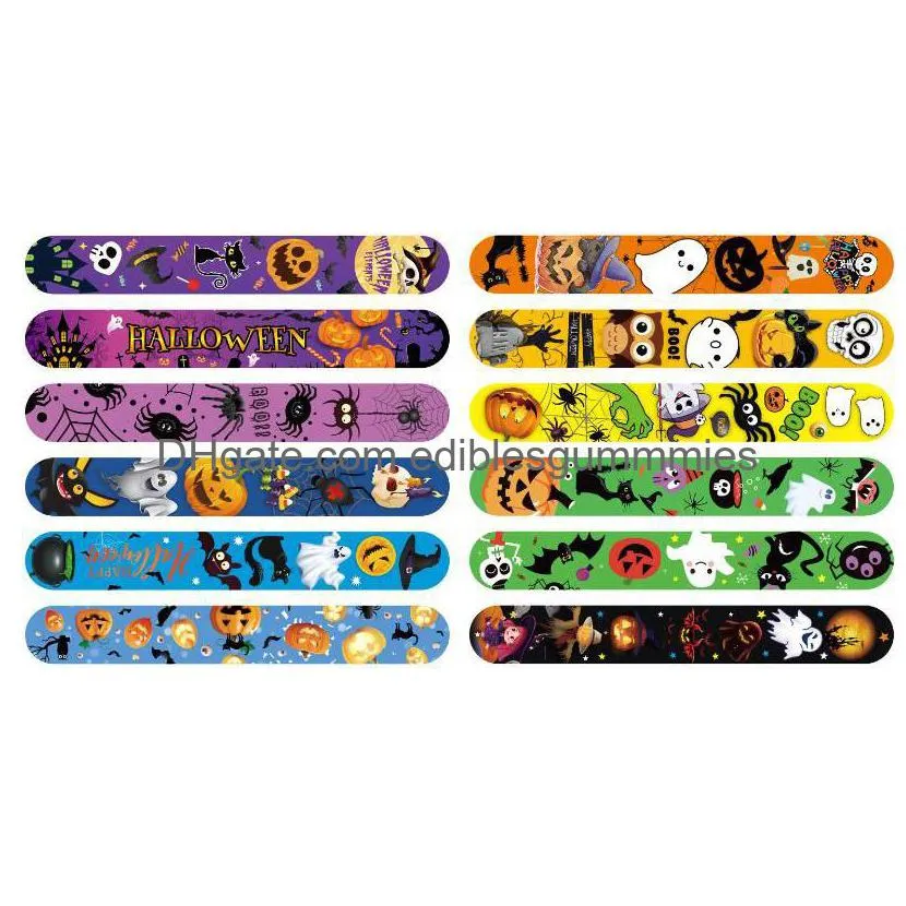 Party Favor Halloween Snap Bracelets Funny Present Slap Wristband Favors Giveaways Gift Bag Filler Spider Pumpkin Ghost Zombie Bat W Dhkvp